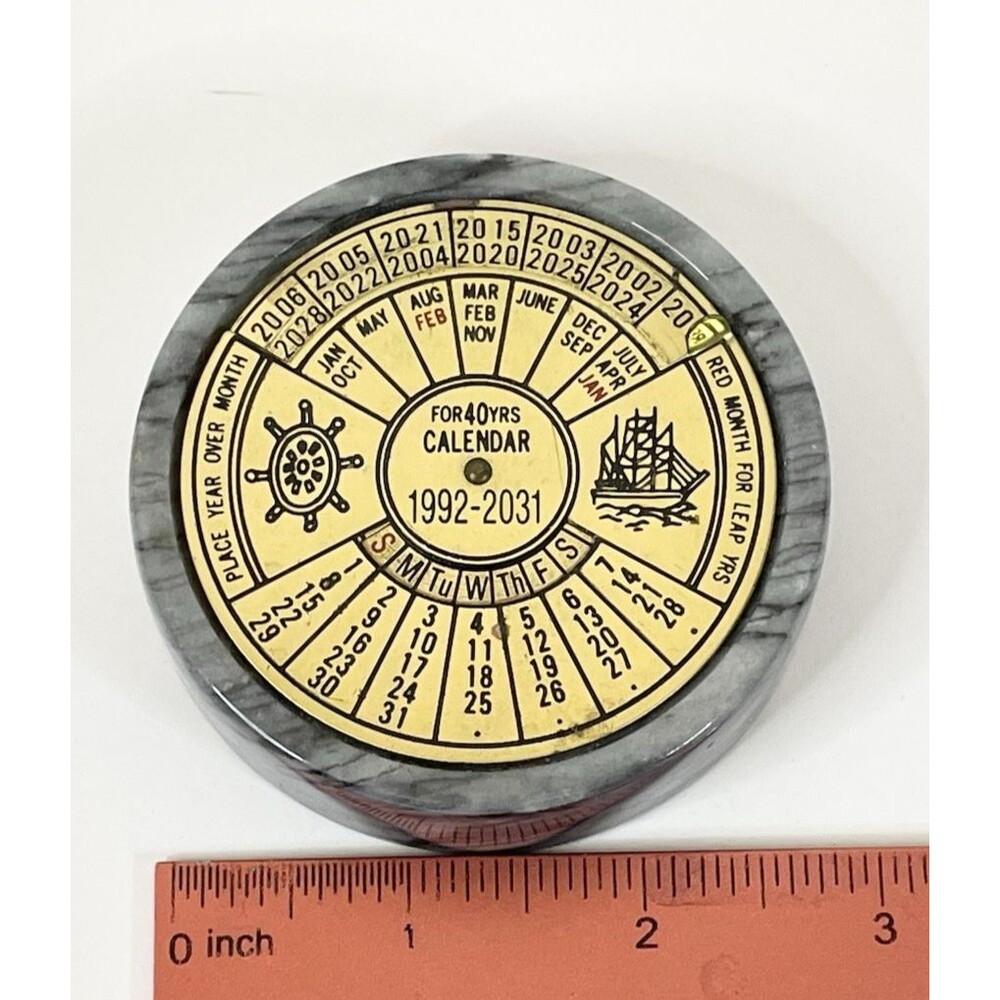 40 Year Perpetual Desk Calendar 1992-2031 Brass & Marble Paperweight Nautical